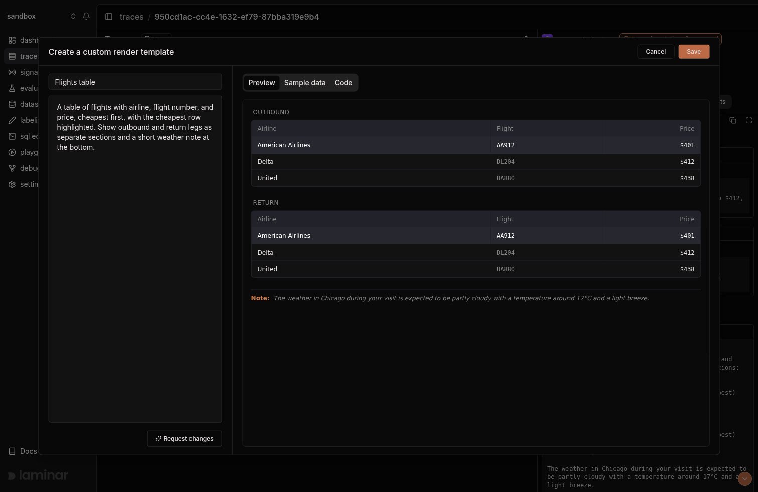 Render template dialog with a describe field, Generate button, and live preview