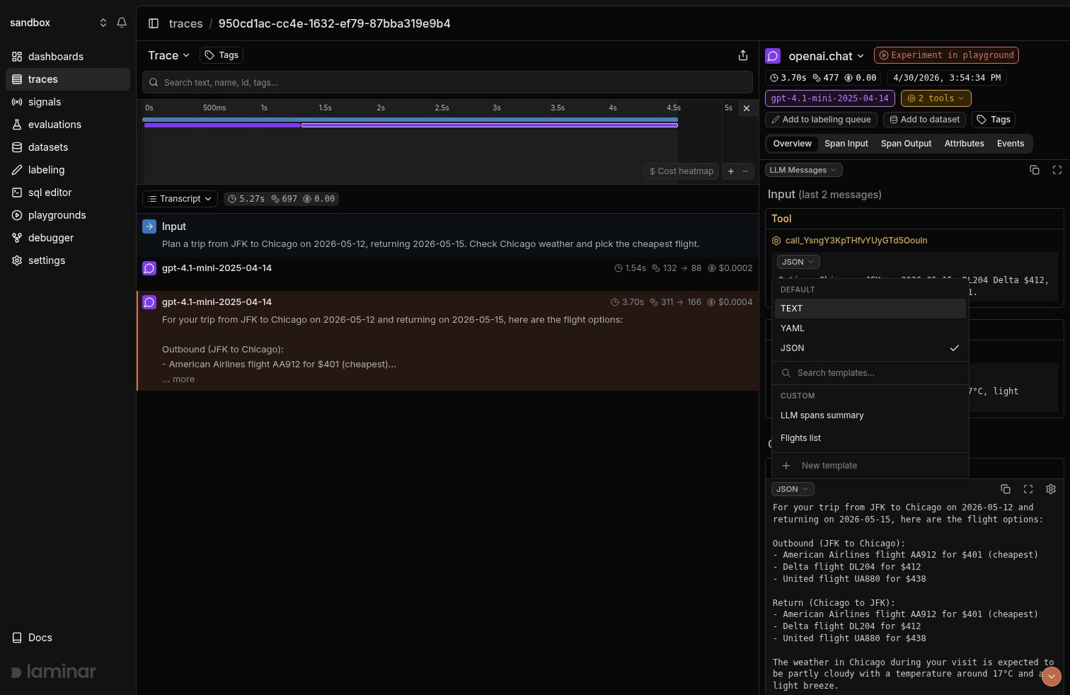 Mode picker dropdown showing Custom group with a Flights list template