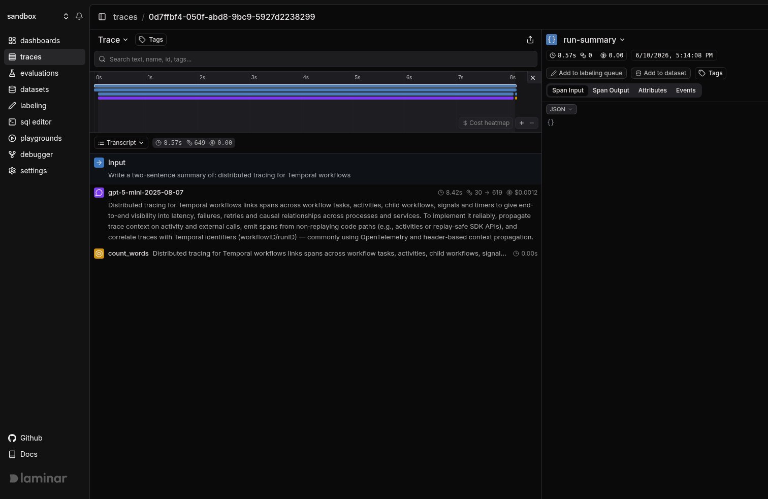 Temporal workflow trace in Laminar, transcript view
