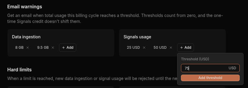 Add threshold popover on Signals usage with Threshold (USD) set to 75 and an Add threshold button