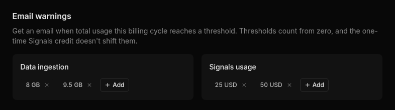 Email warnings section with Data ingestion thresholds of 8 GB and 9.5 GB and Signals usage thresholds of 25 USD and 50 USD, each with an Add button
