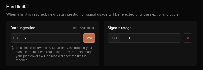 Data ingestion hard limit field set to 5 GB with a Save button and a note that the limit is below the 10 GB included in the plan