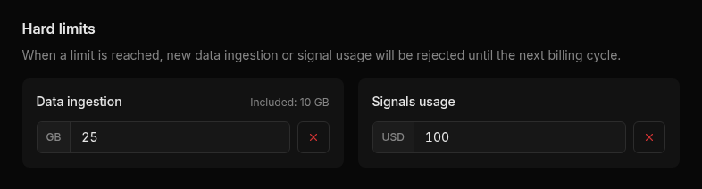 Hard limits section with Data ingestion set to 25 GB, labeled Included: 10 GB, and Signals usage set to 100 USD with a remove button