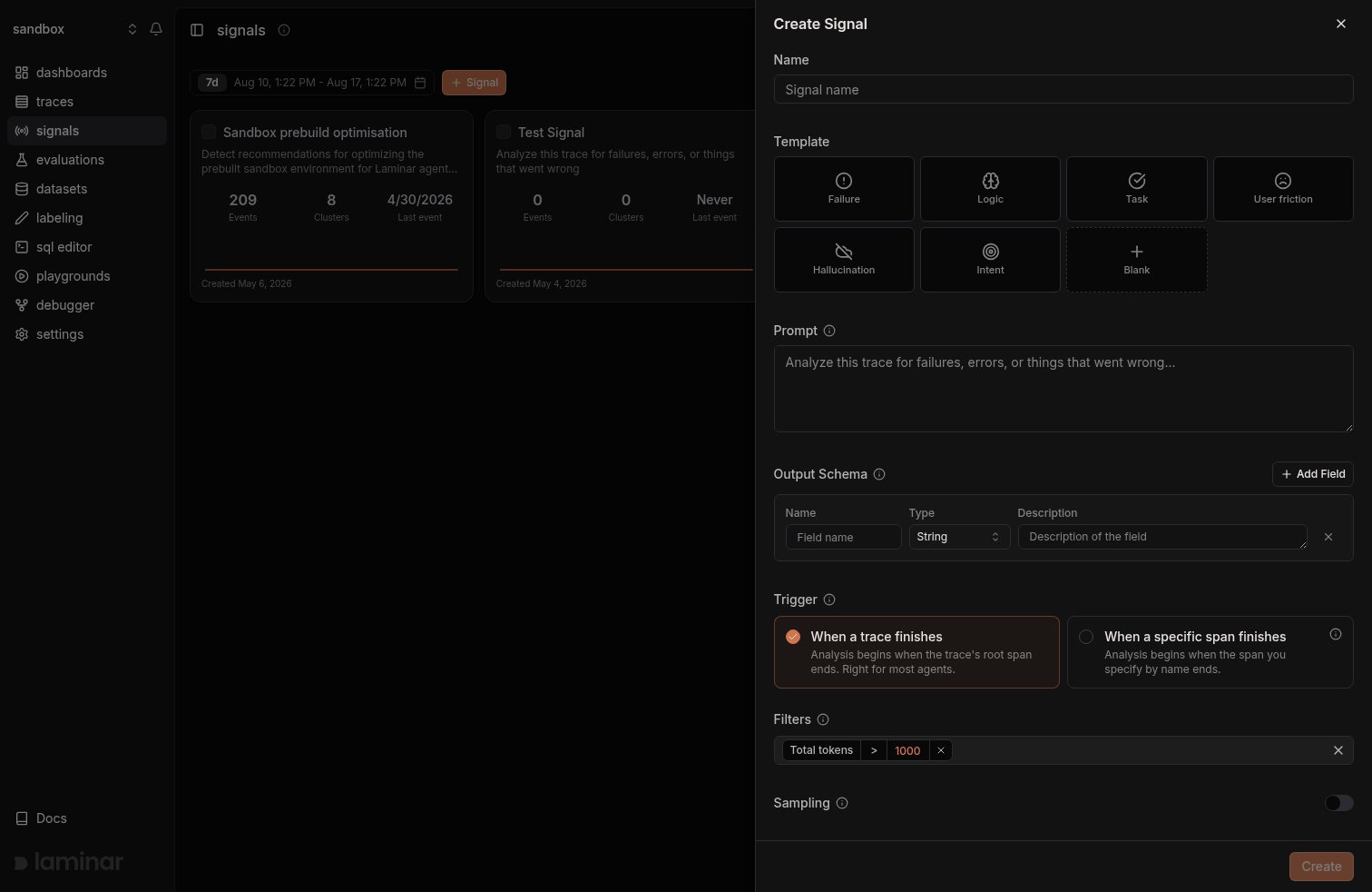 Empty Create Signal drawer showing the trigger options and the default total tokens filter