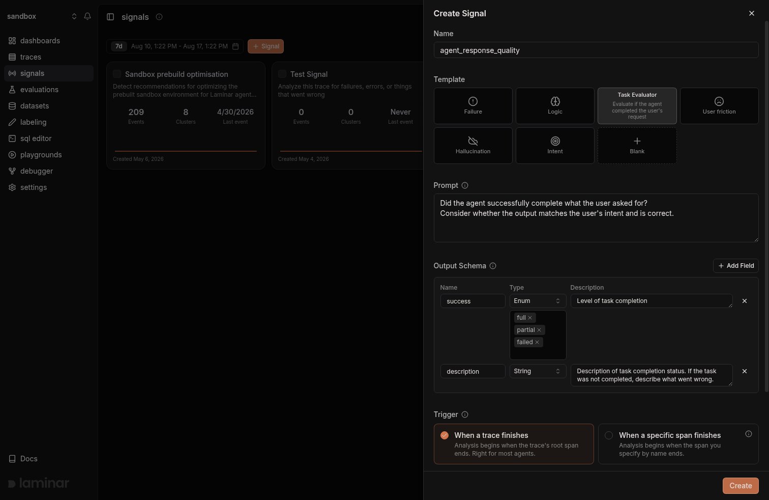 Create Signal drawer populated with a name, the Task template, a prompt, and two output schema fields
