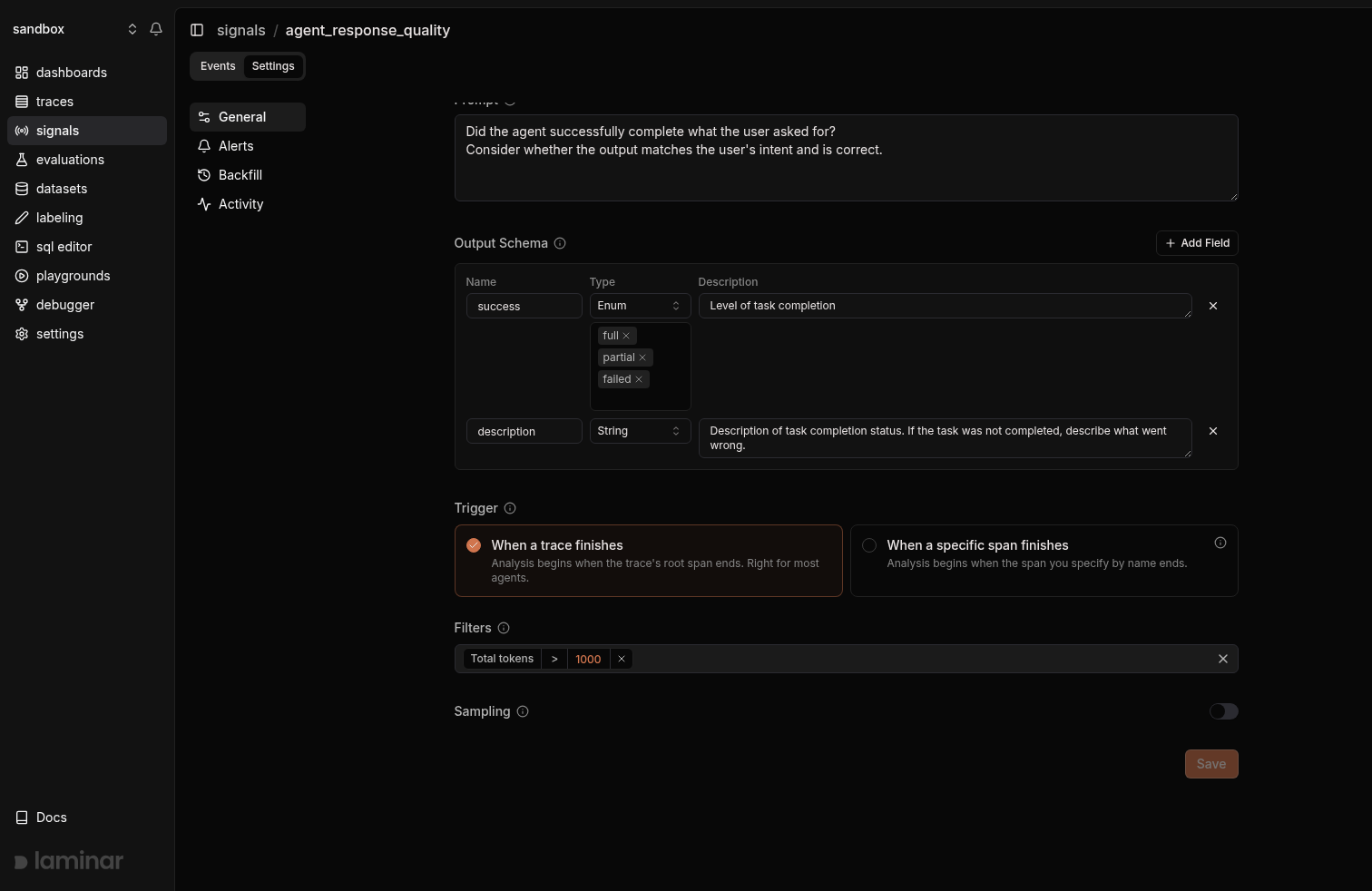 Signal settings General section with the trigger options and the filters bar