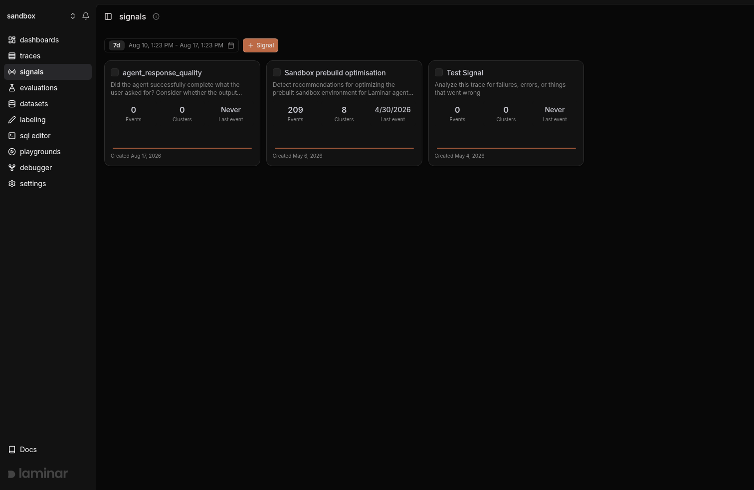 Signals list view with cards for each Signal and recent event counts