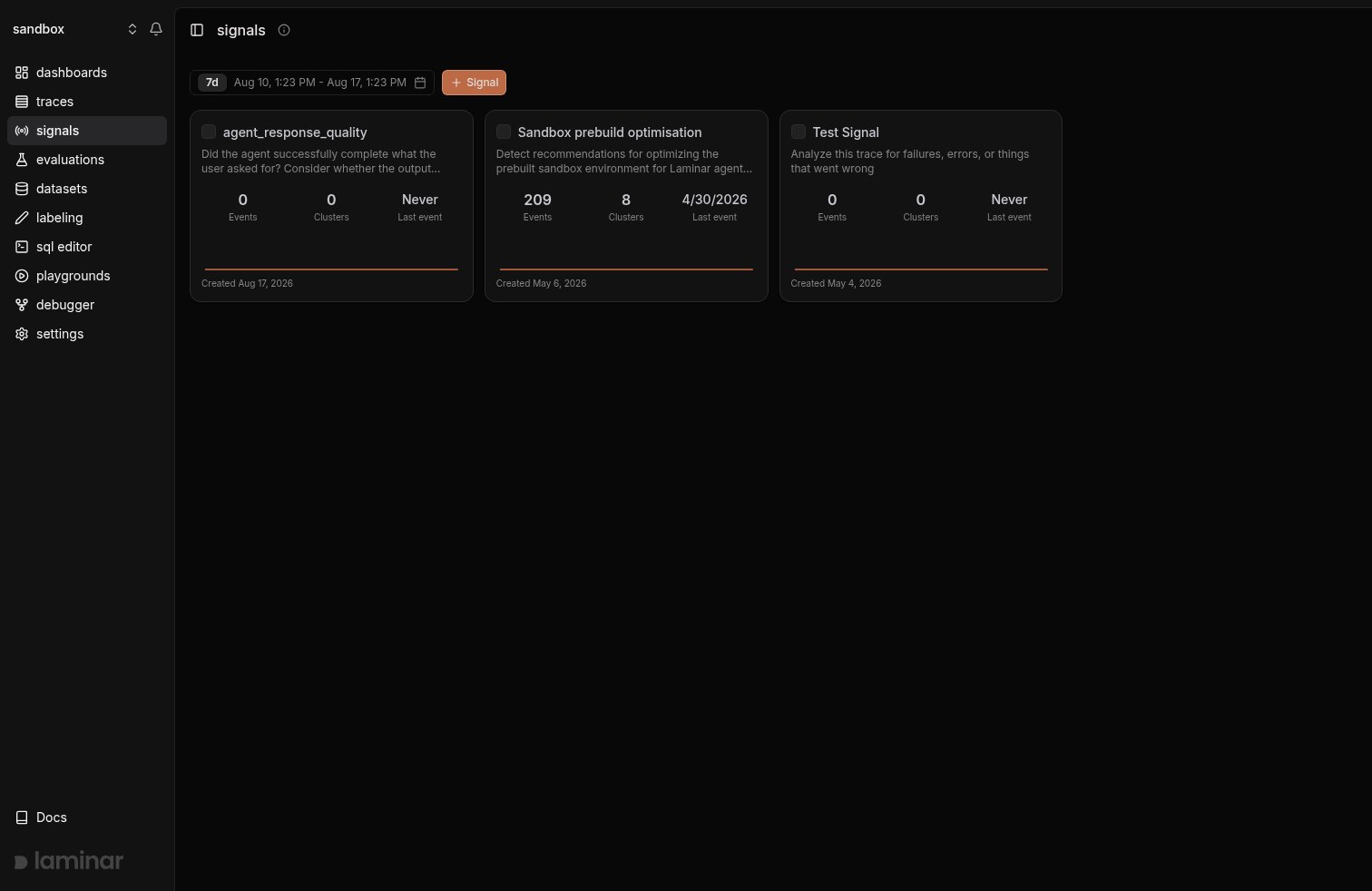 Signals list view with cards for each Signal and recent event counts