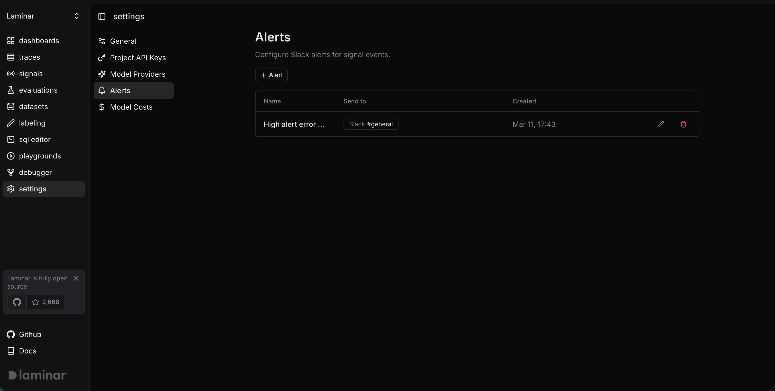 Project alerts settings page showing Slack connection and alert management