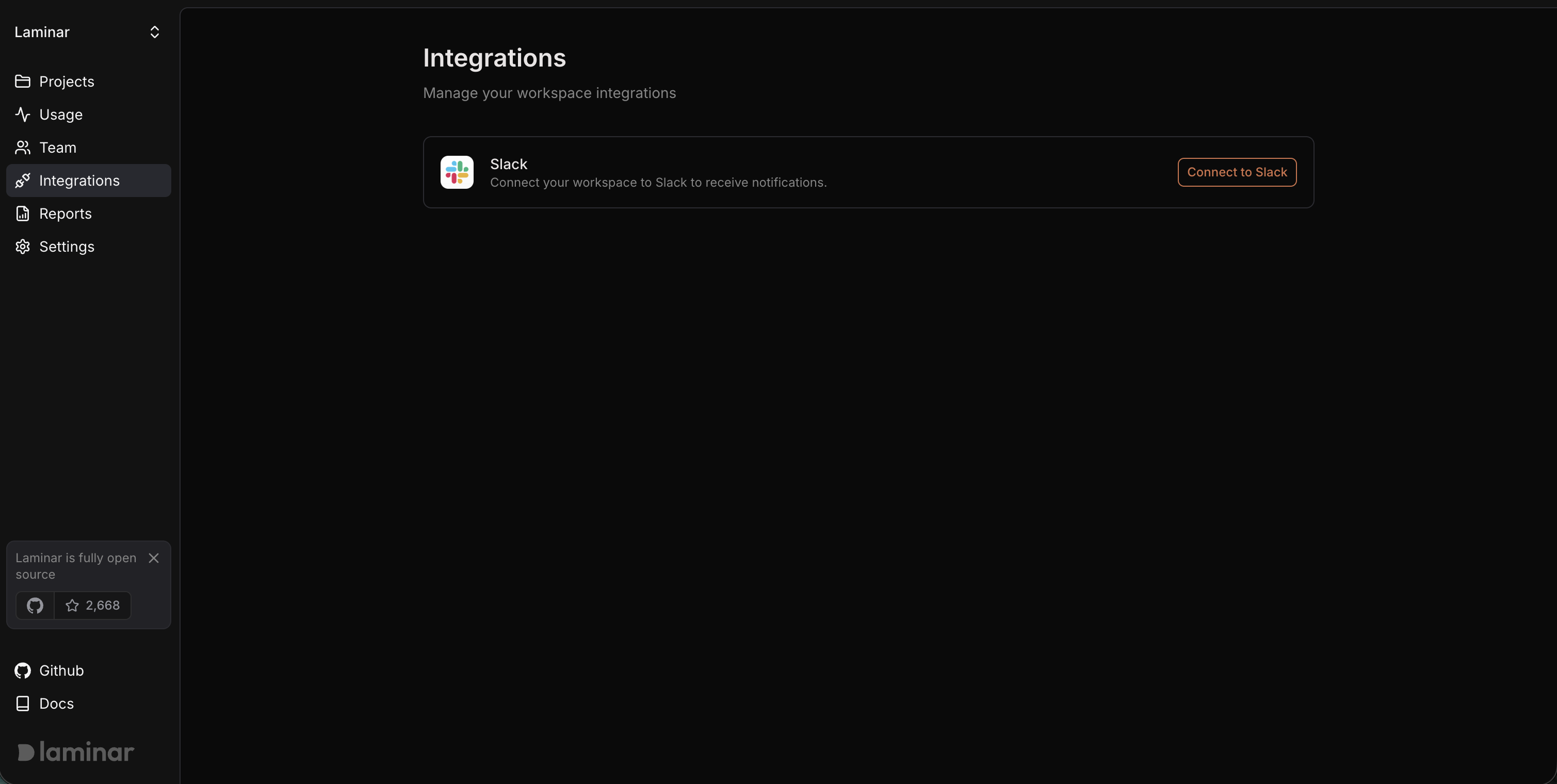 Workspace integrations page showing Slack connection card
