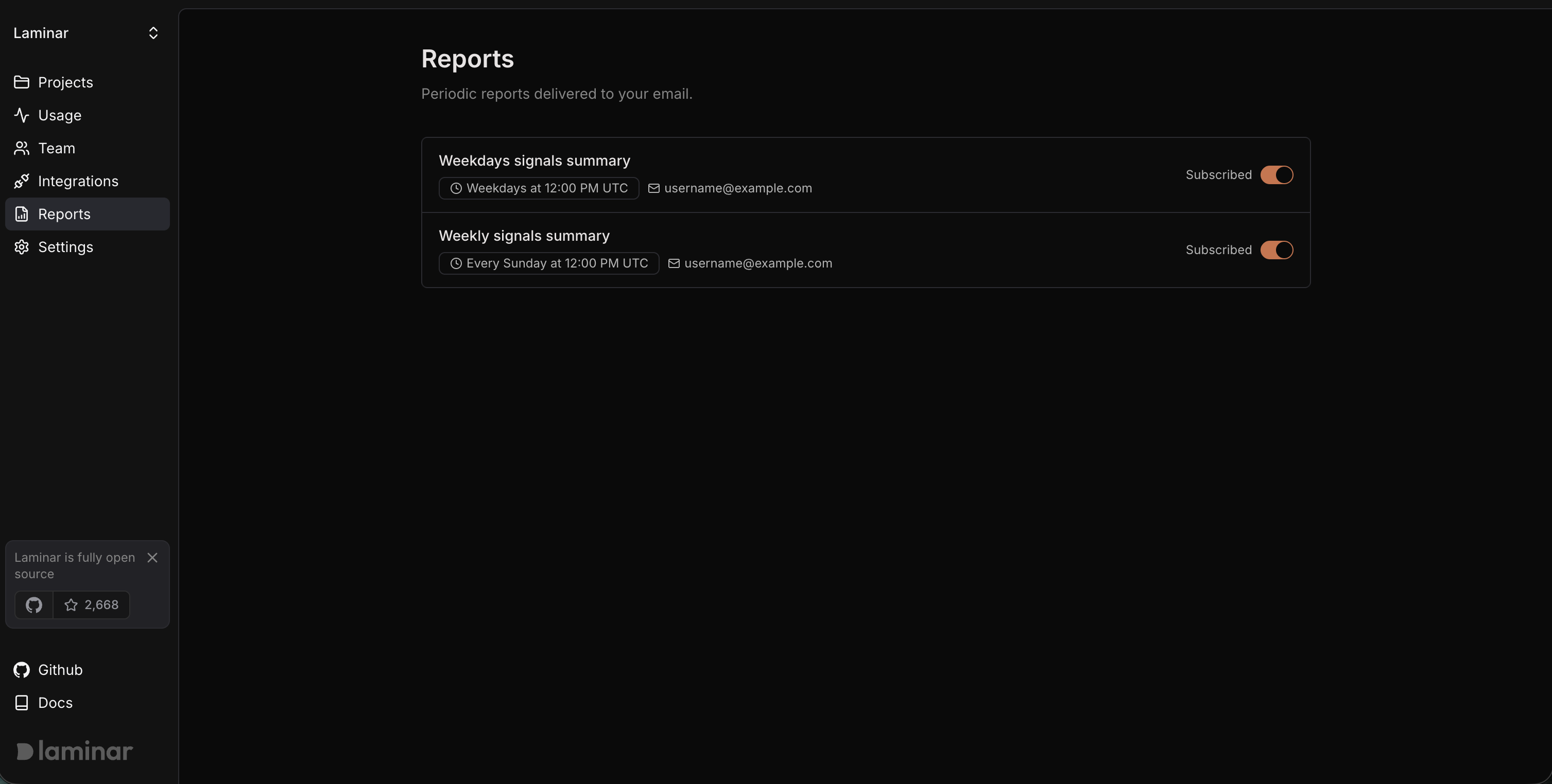 Workspace reports page showing available report subscriptions