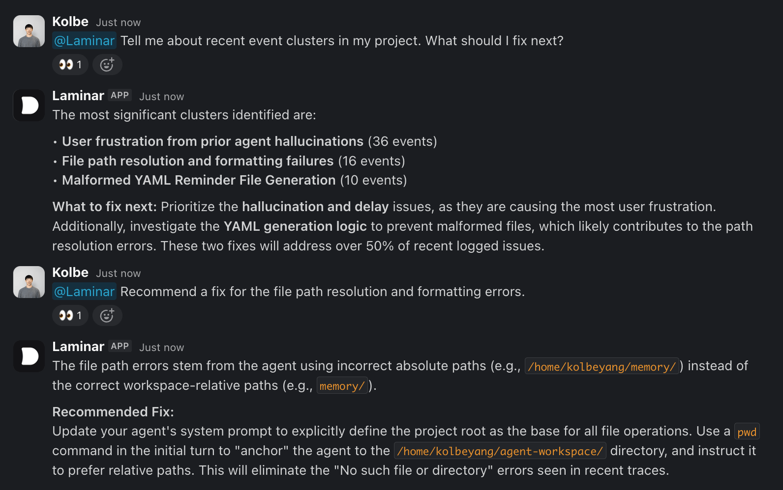 Slack thread where a user asks Laminar about recent event clusters and how to fix them, and the Laminar app replies with the top clusters, what to fix next, and a recommended fix for file path resolution errors
