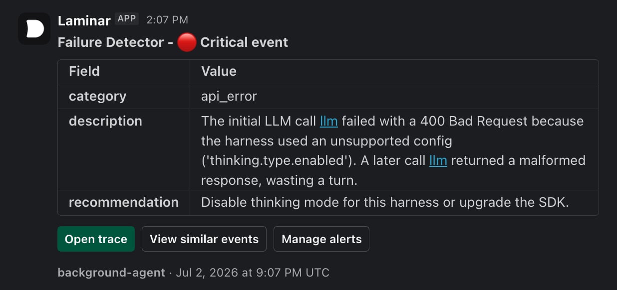 Slack message from Laminar showing a critical Failure Detector event with category, description, and recommendation fields and Open trace, View similar events, and Manage alerts buttons