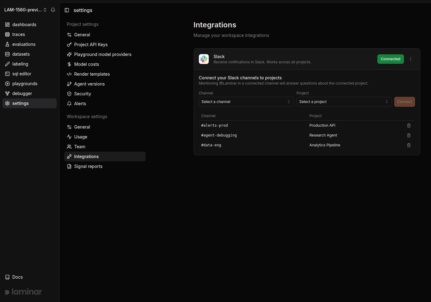 Workspace integrations page showing Slack channels connected to Laminar projects