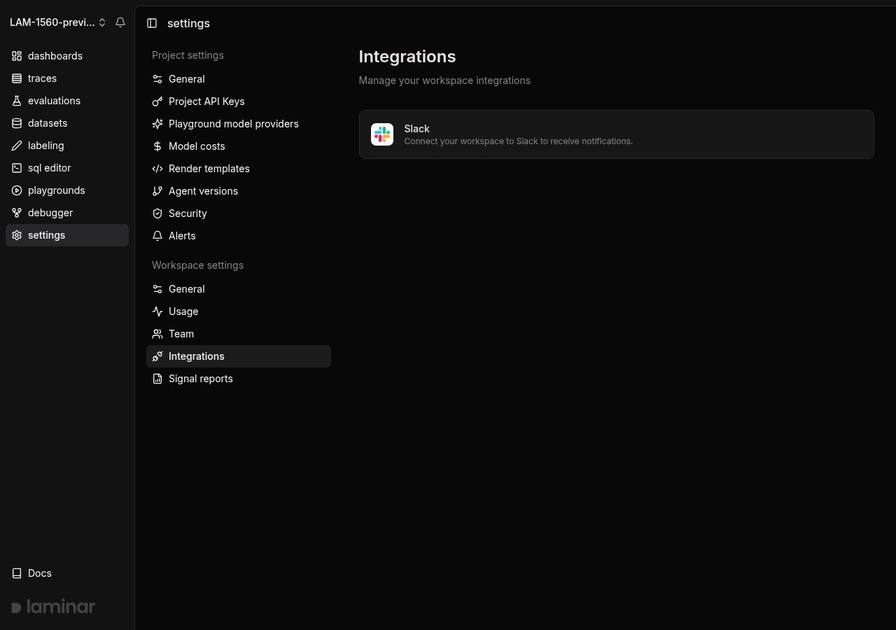 Workspace integrations page showing Slack connection card