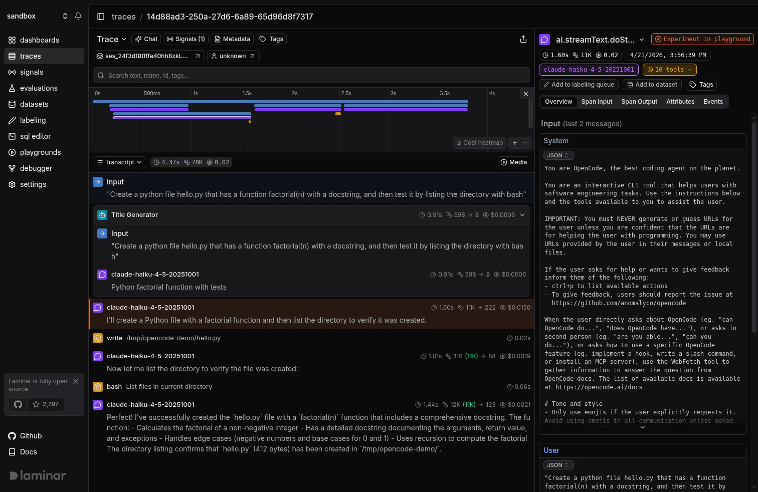 OpenCode CLI trace in Laminar