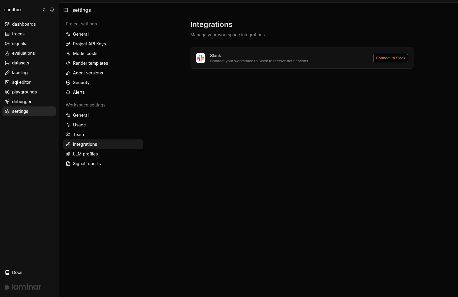 Workspace integrations page showing Slack connection card