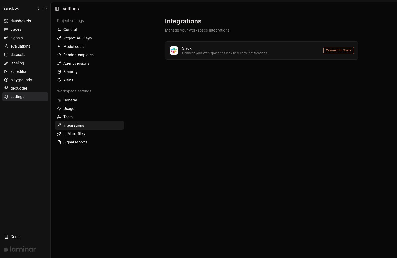 Workspace integrations page showing Slack connection card