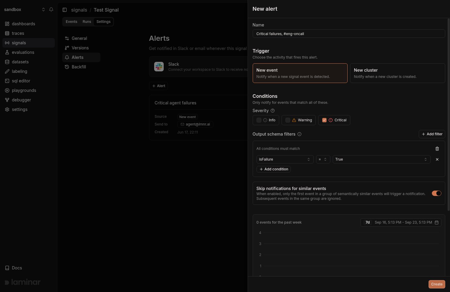 New alert form with trigger, severity, and an output schema filter condition group
