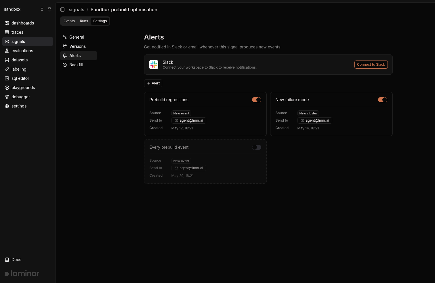Alerts section of a Signal's settings with three alert cards, one toggled off and dimmed
