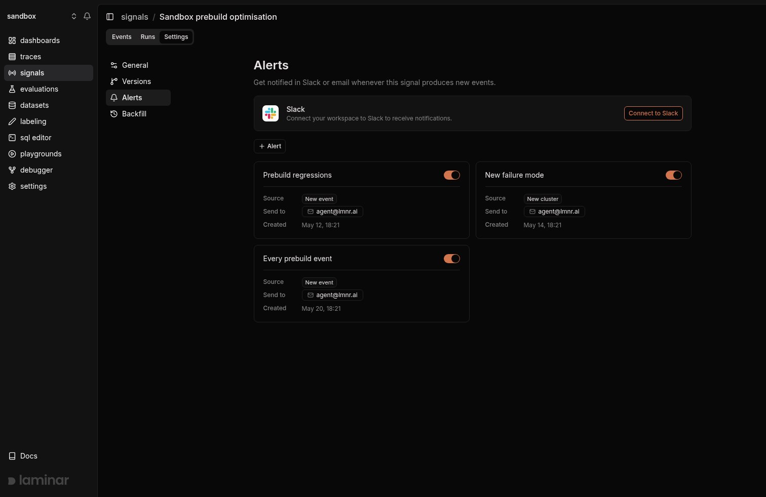 Alerts section of a Signal's settings page showing the Slack connection card, the + Alert button, and three alert cards