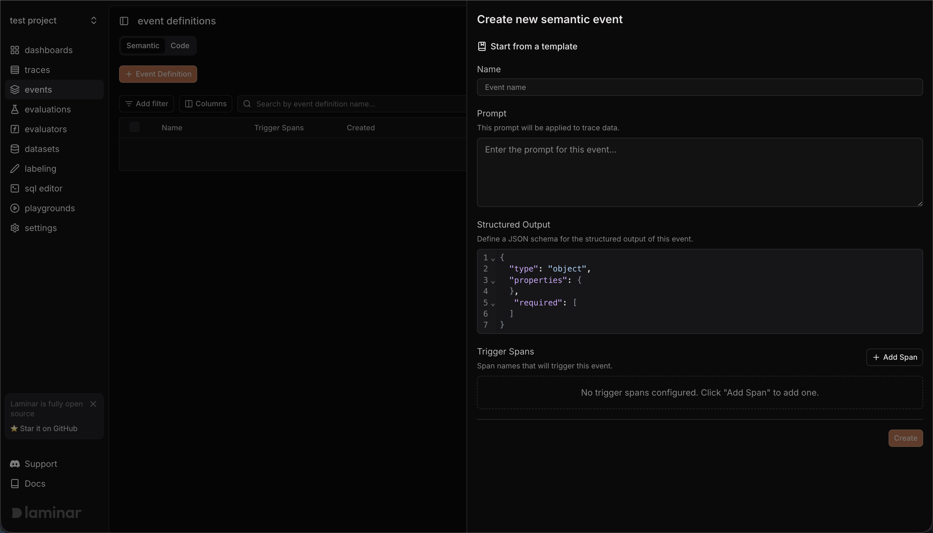 Create new semantic event form showing name, prompt, structured output schema, and trigger spans