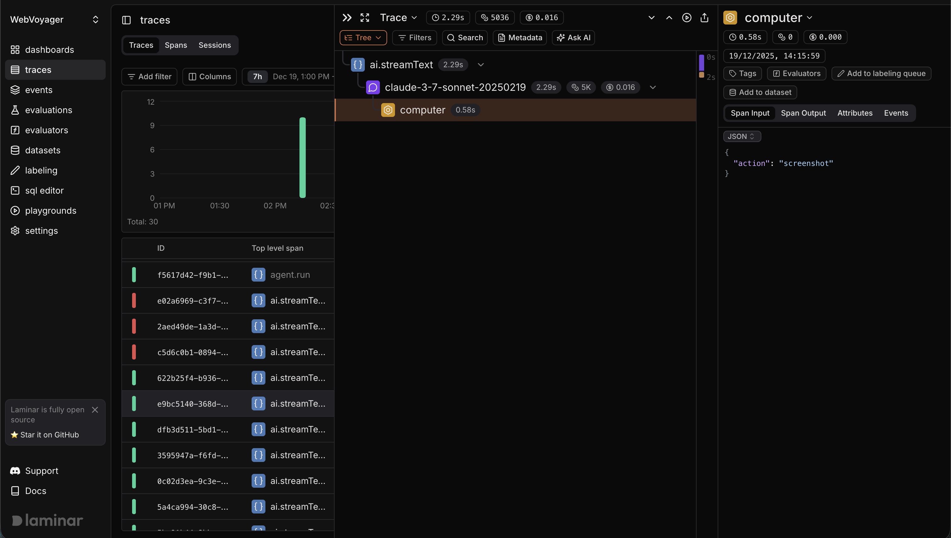 Trace view showing nested spans for observed function calls