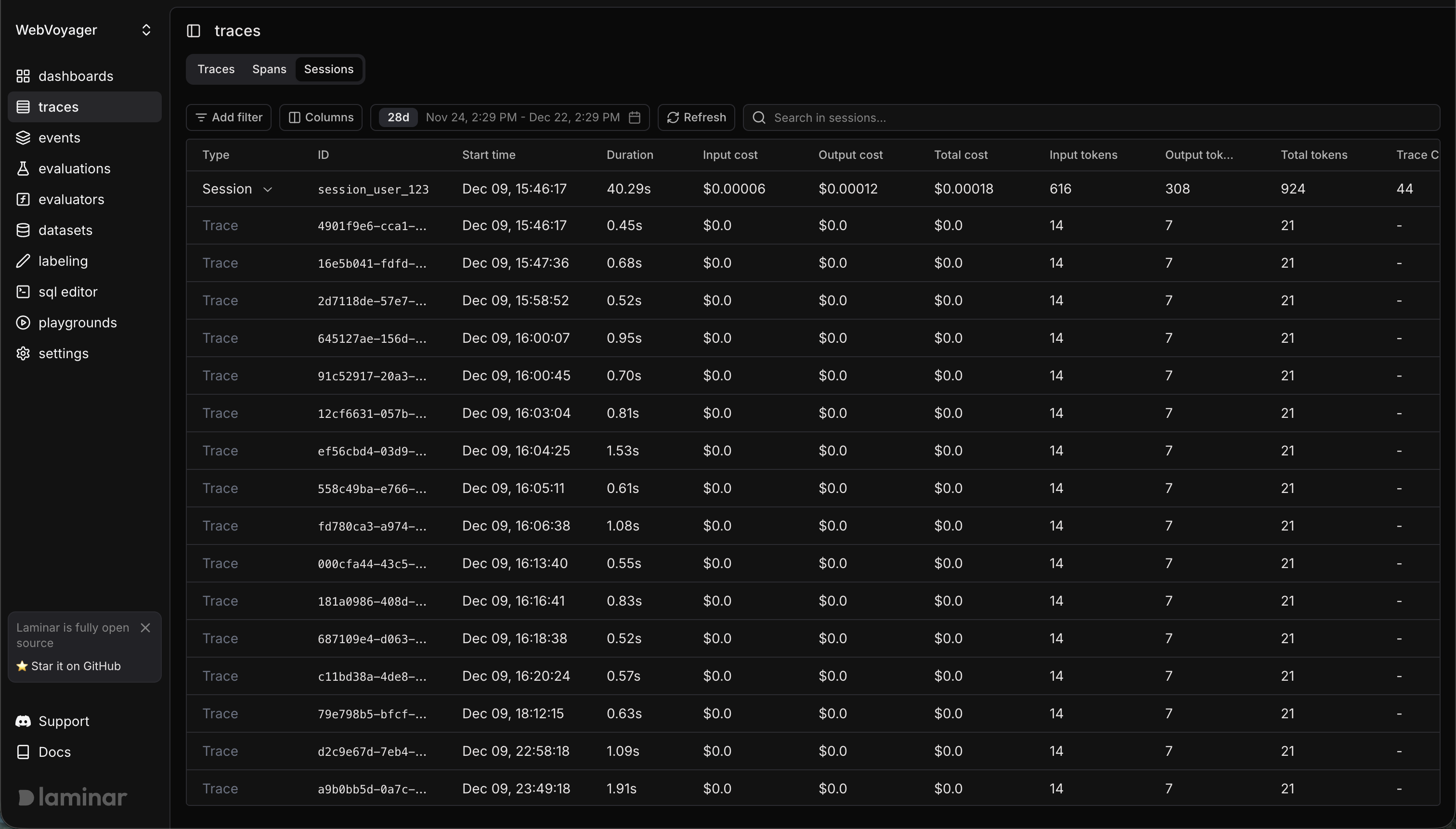 Sessions tab showing traces grouped by session