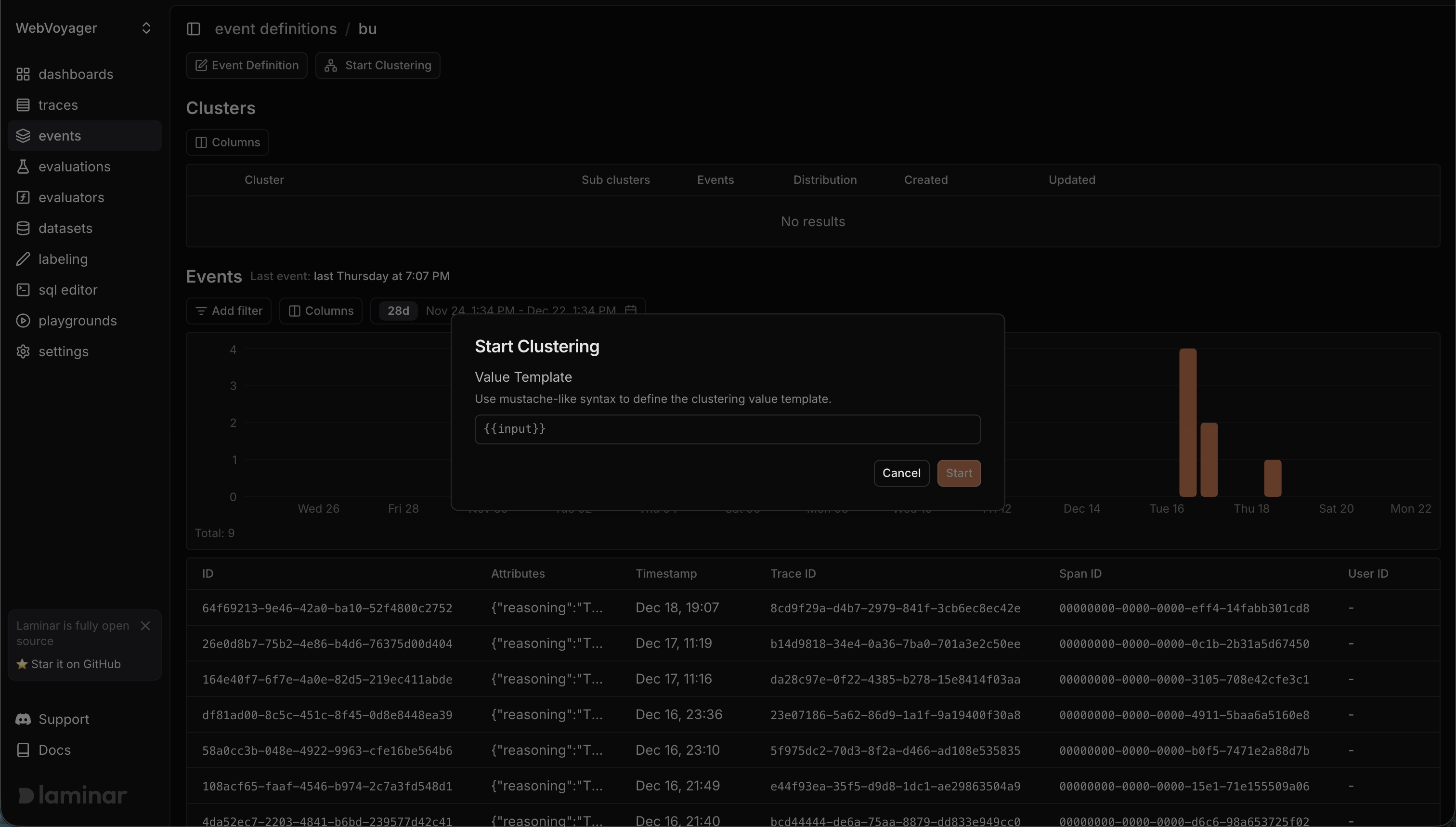 Start Clustering dialog with value template input
