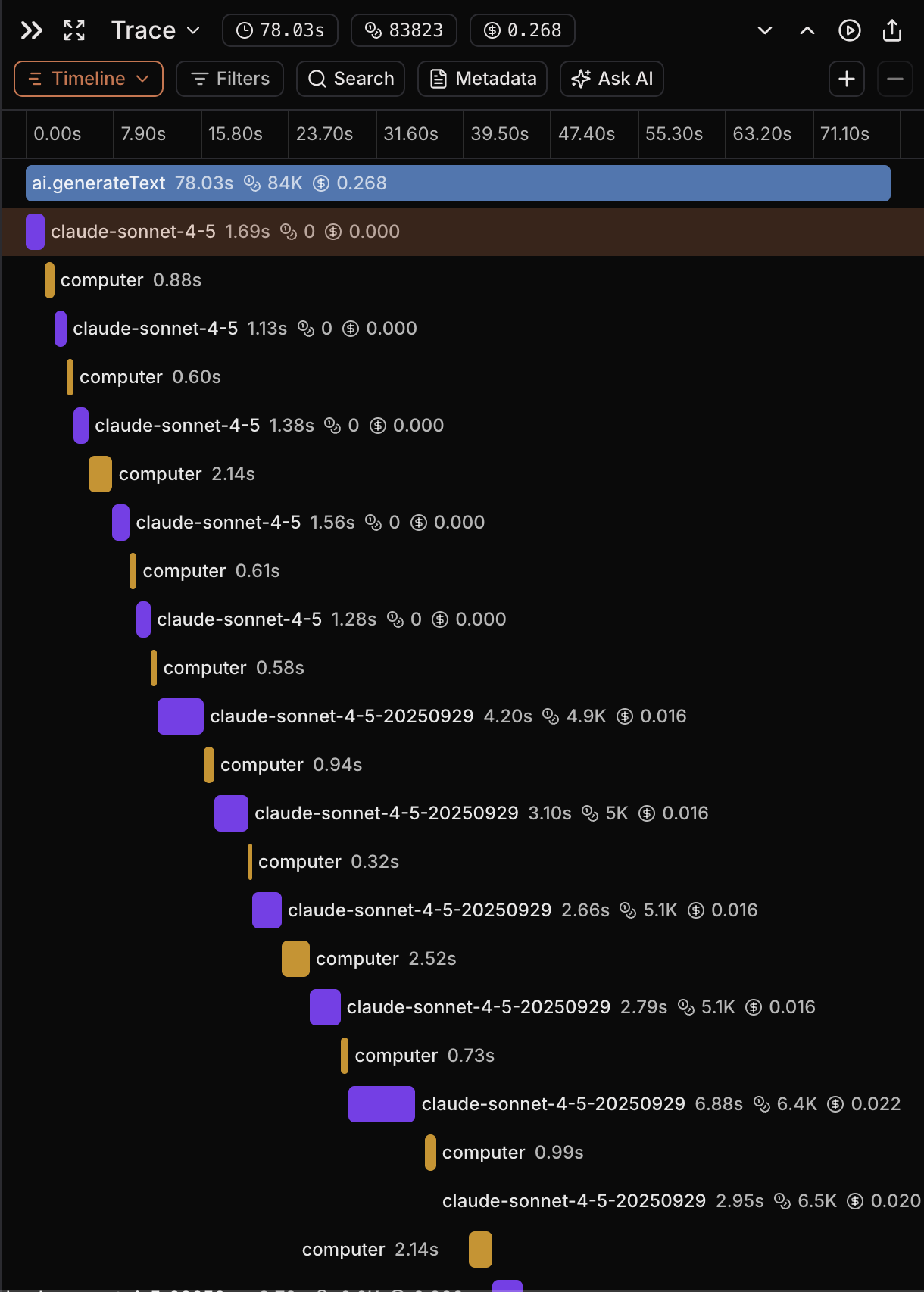 Trace detail view for a trace within a session