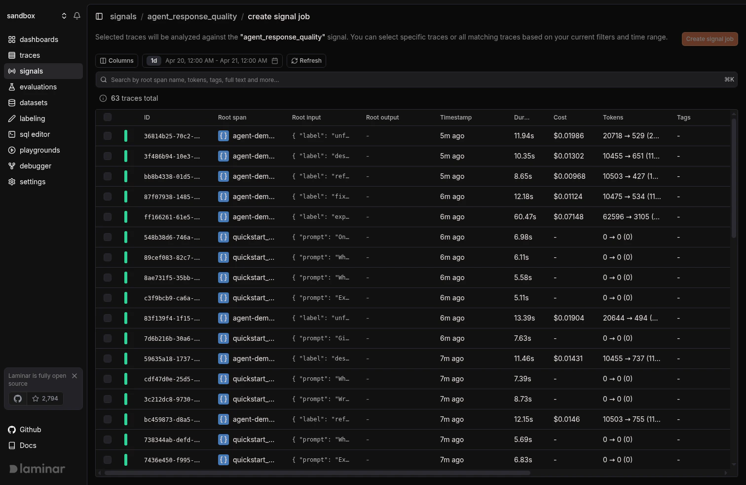 Create signal job page with trace selection, filters, and trace table