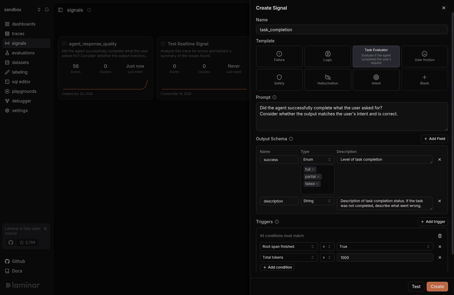 Create signal form populated with name, prompt, schema fields, and a realtime trigger