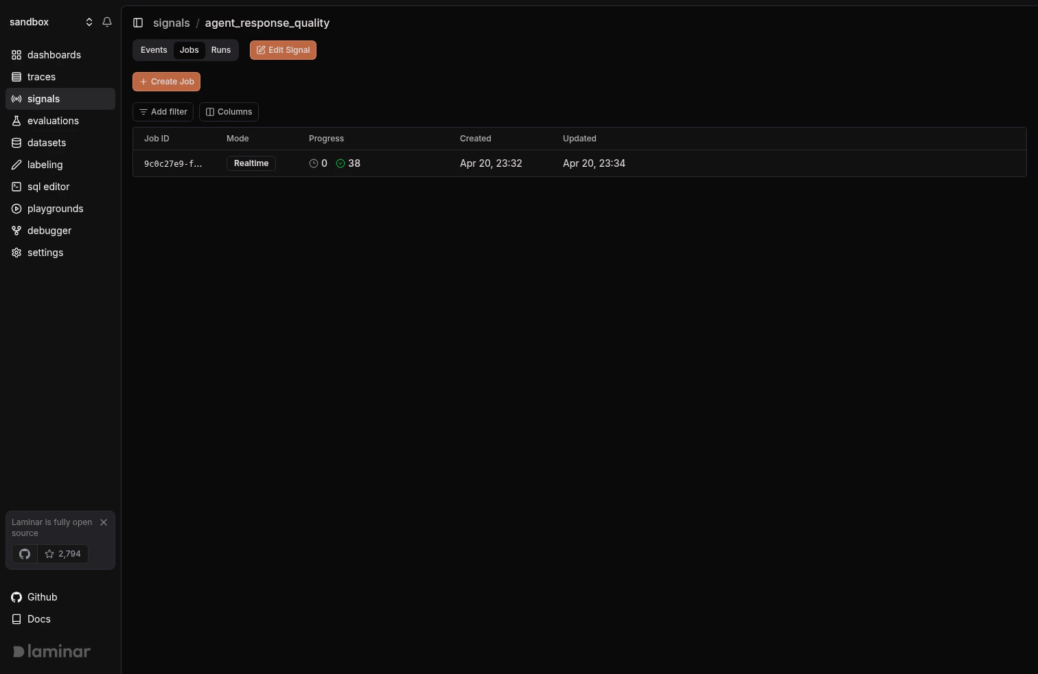 Signal Jobs tab showing empty state before the first backfill