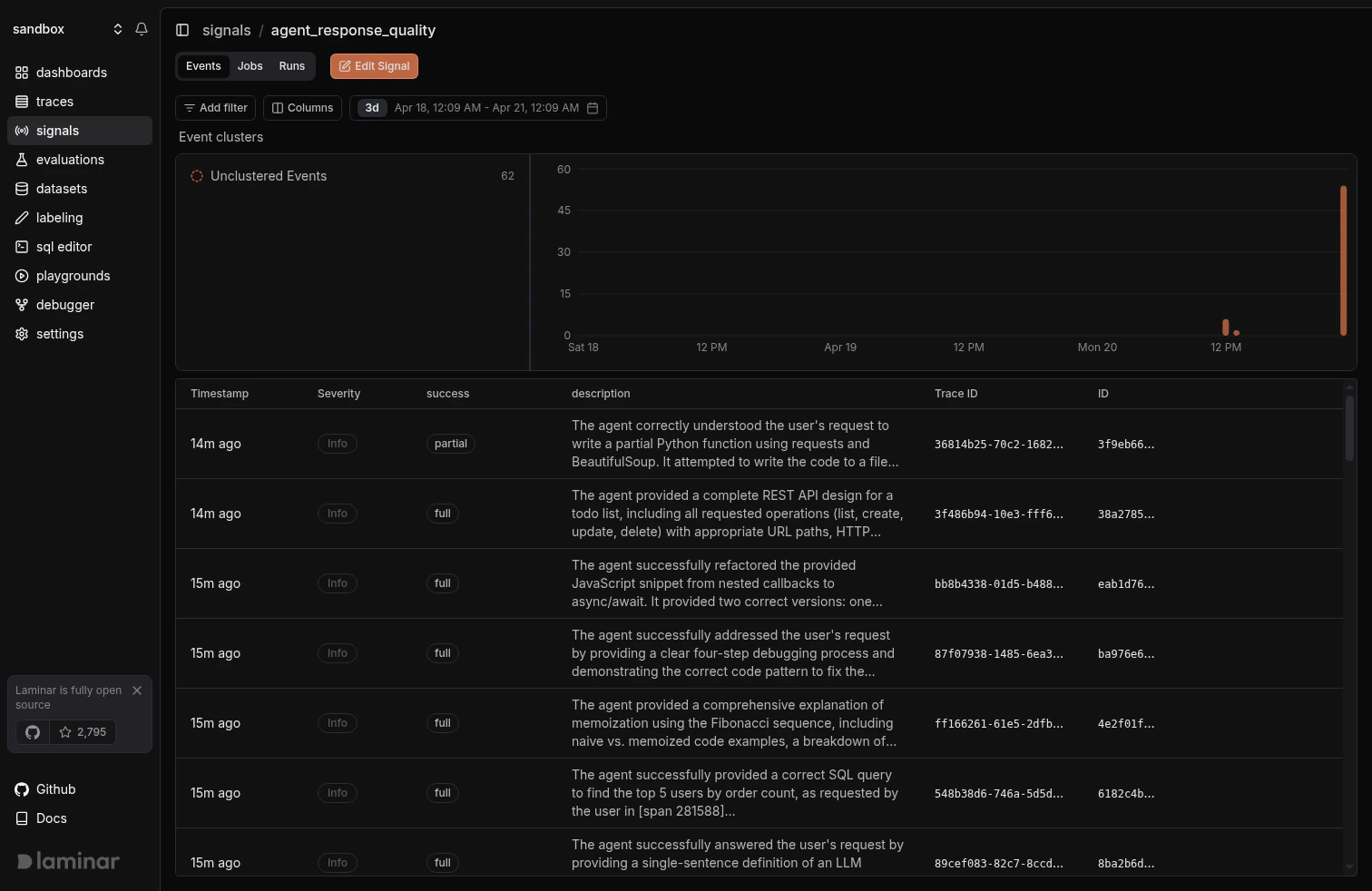Signal detail view with events list, per-event payload, and cluster sidebar