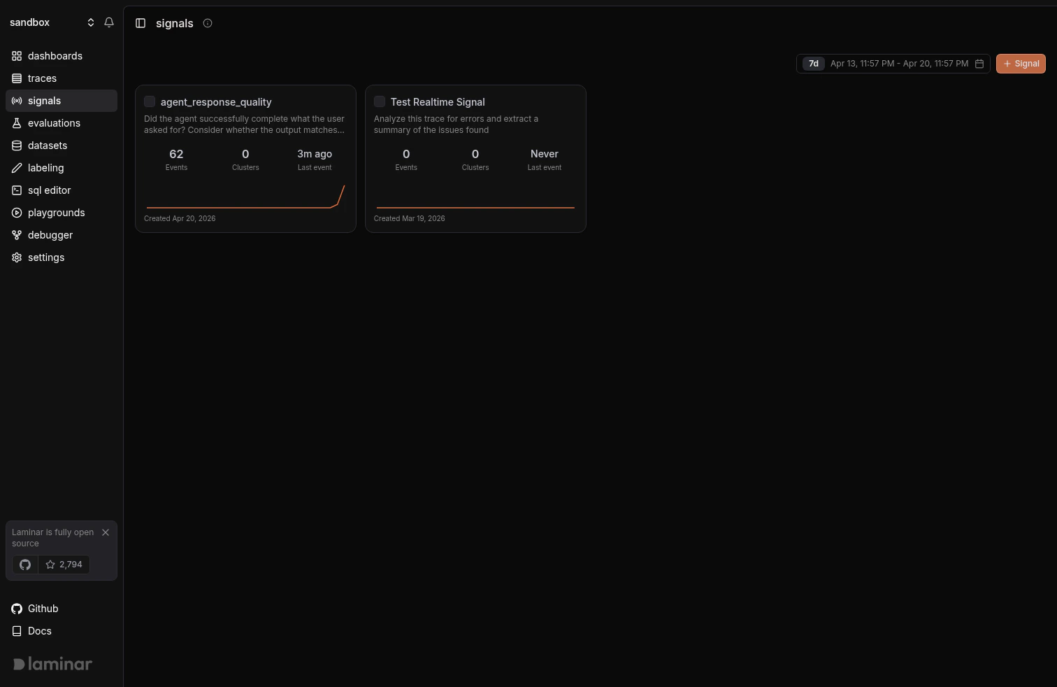 Signals list view with cards for each Signal and recent event counts