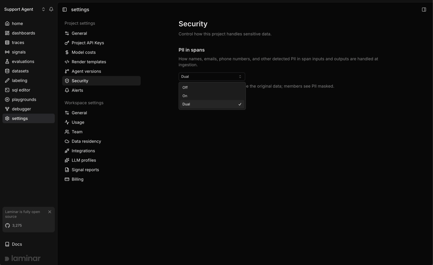 Security tab with the PII in spans mode selector