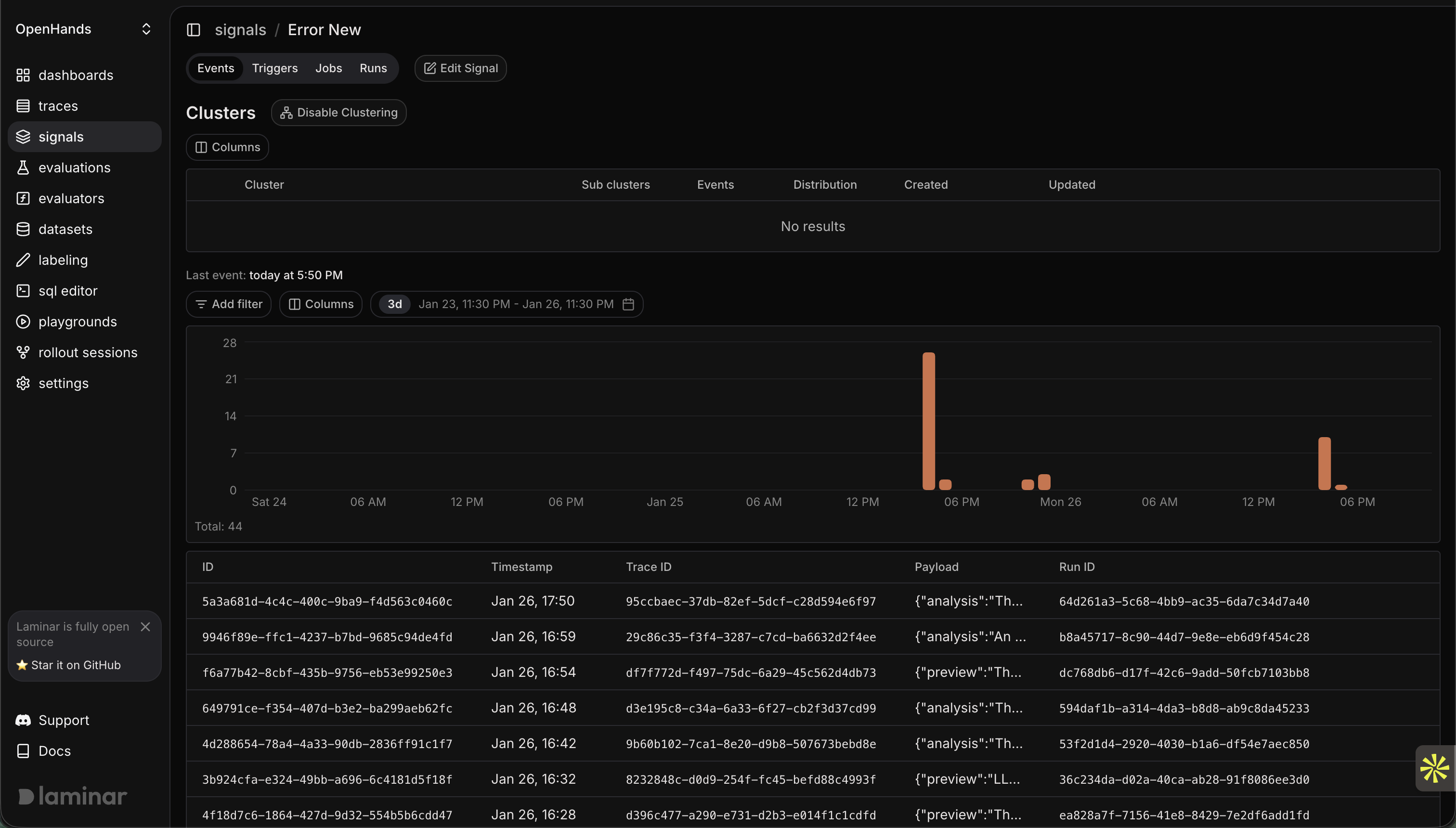 Signals events table with filters and trace links
