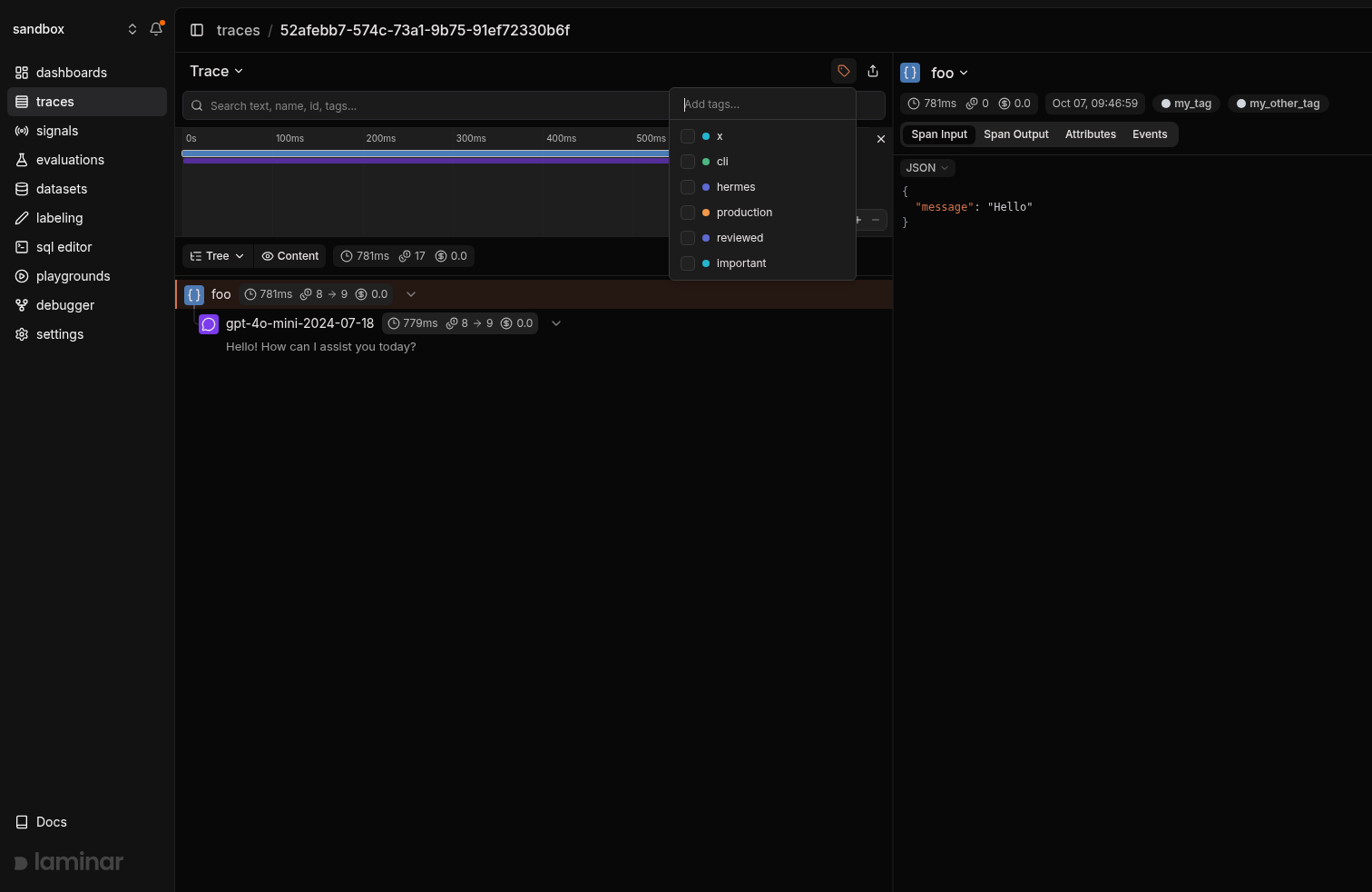 Adding tags to a span in the Laminar UI