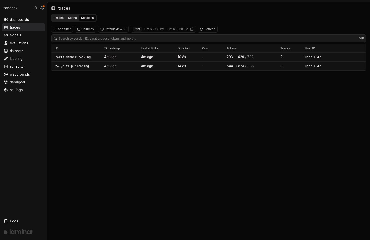 Sessions table in the Traces page