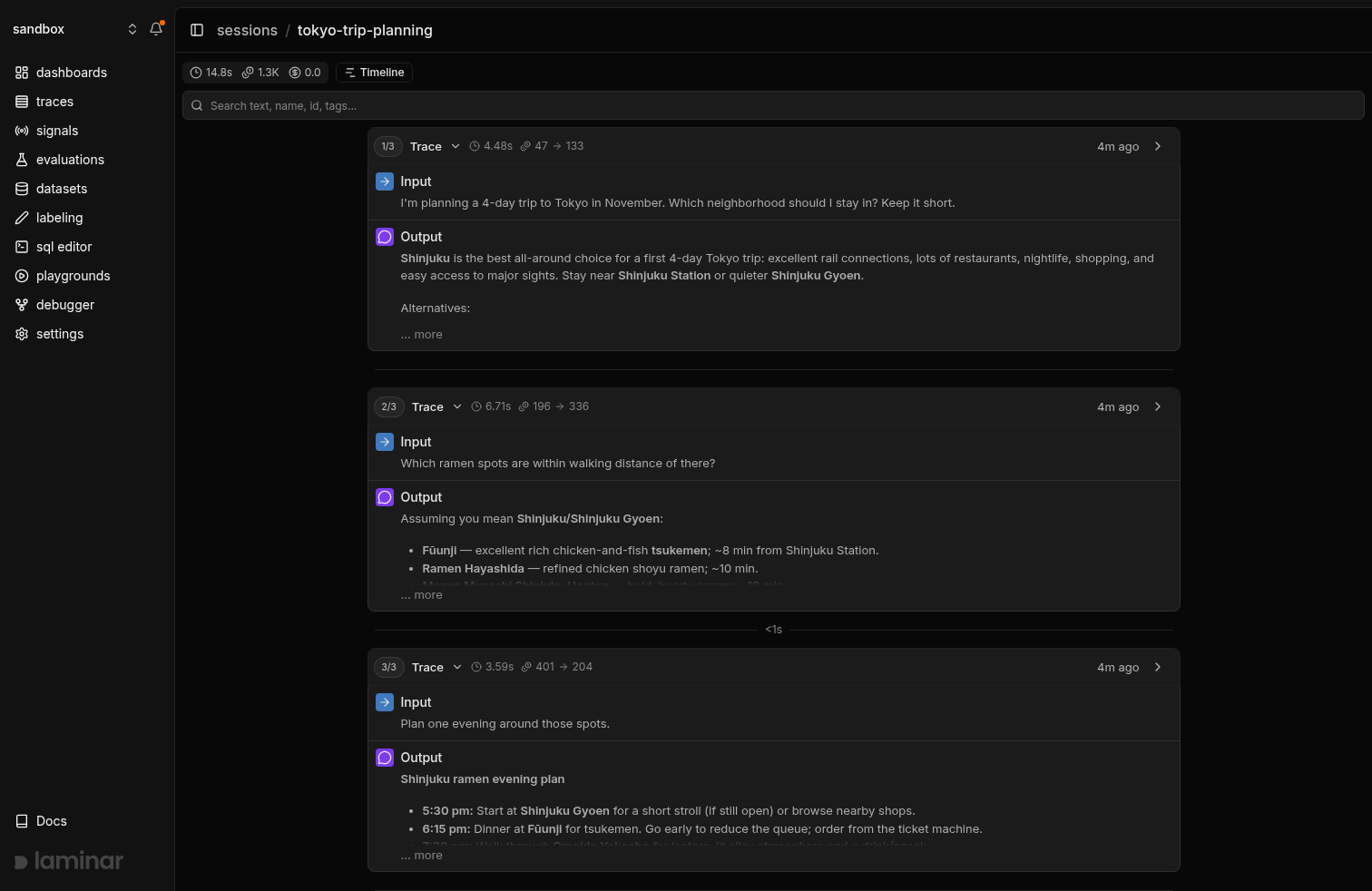 Session detail page showing traces with Input and Output previews