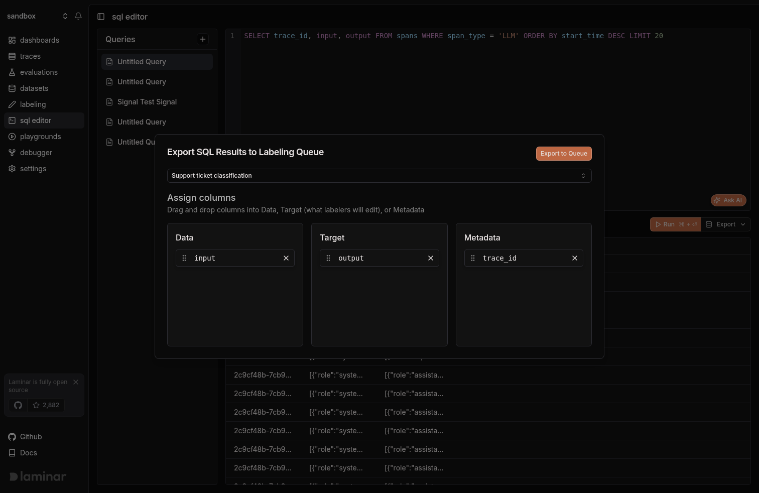 Export SQL results to a labeling queue