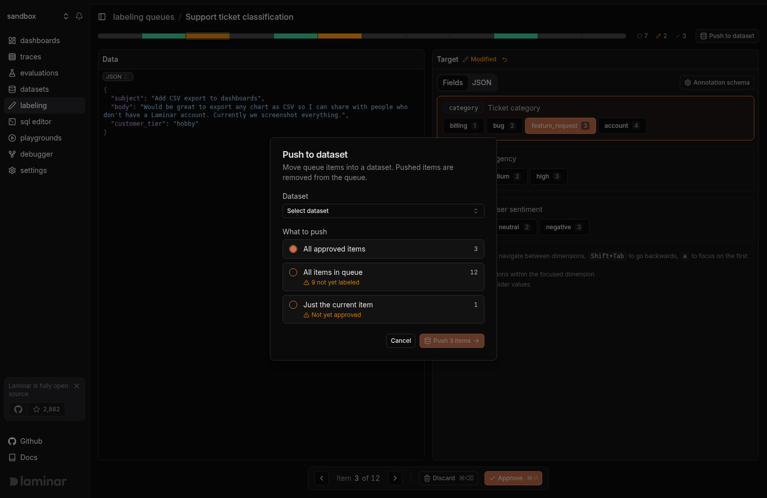 Push to dataset dialog