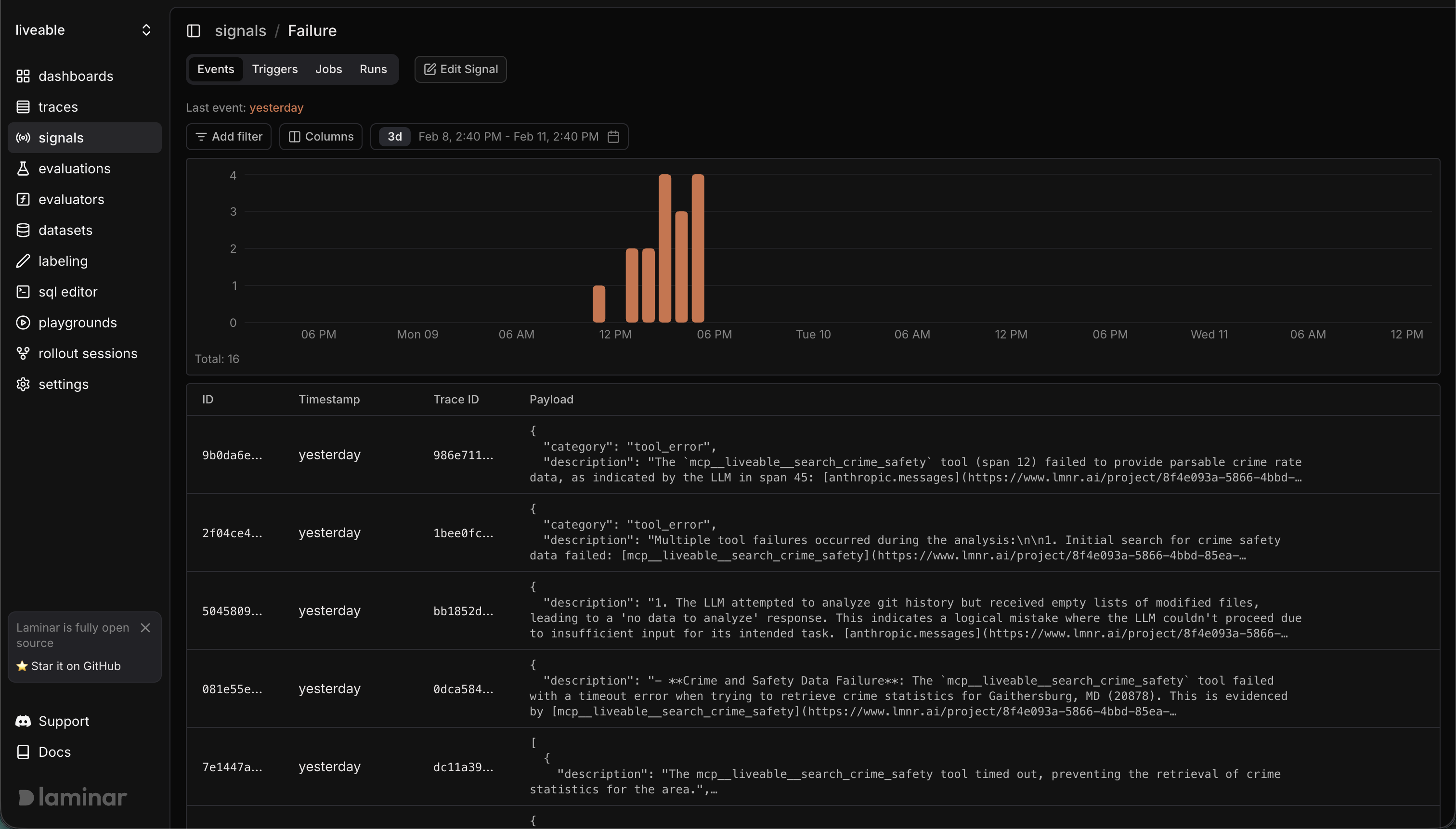 Signals events table with filters and trace links