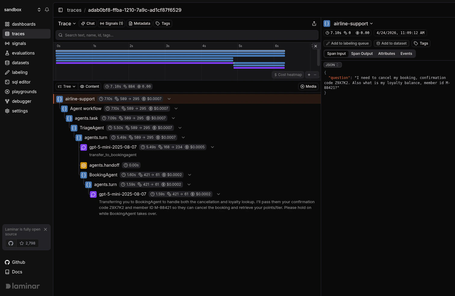 OpenAI Agents SDK multi-agent trace in Laminar, tree view