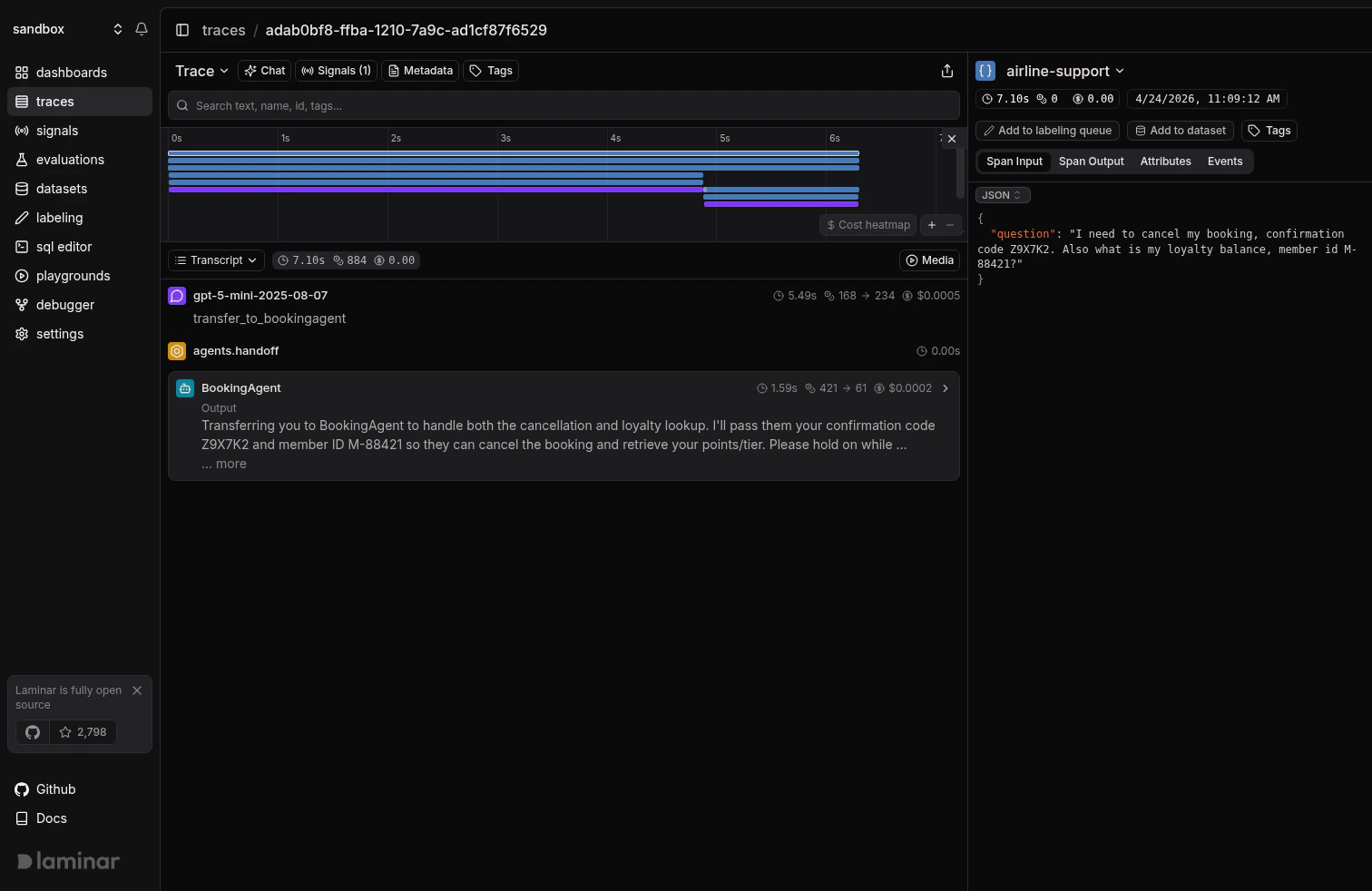 OpenAI Agents SDK multi-agent trace in Laminar, transcript view