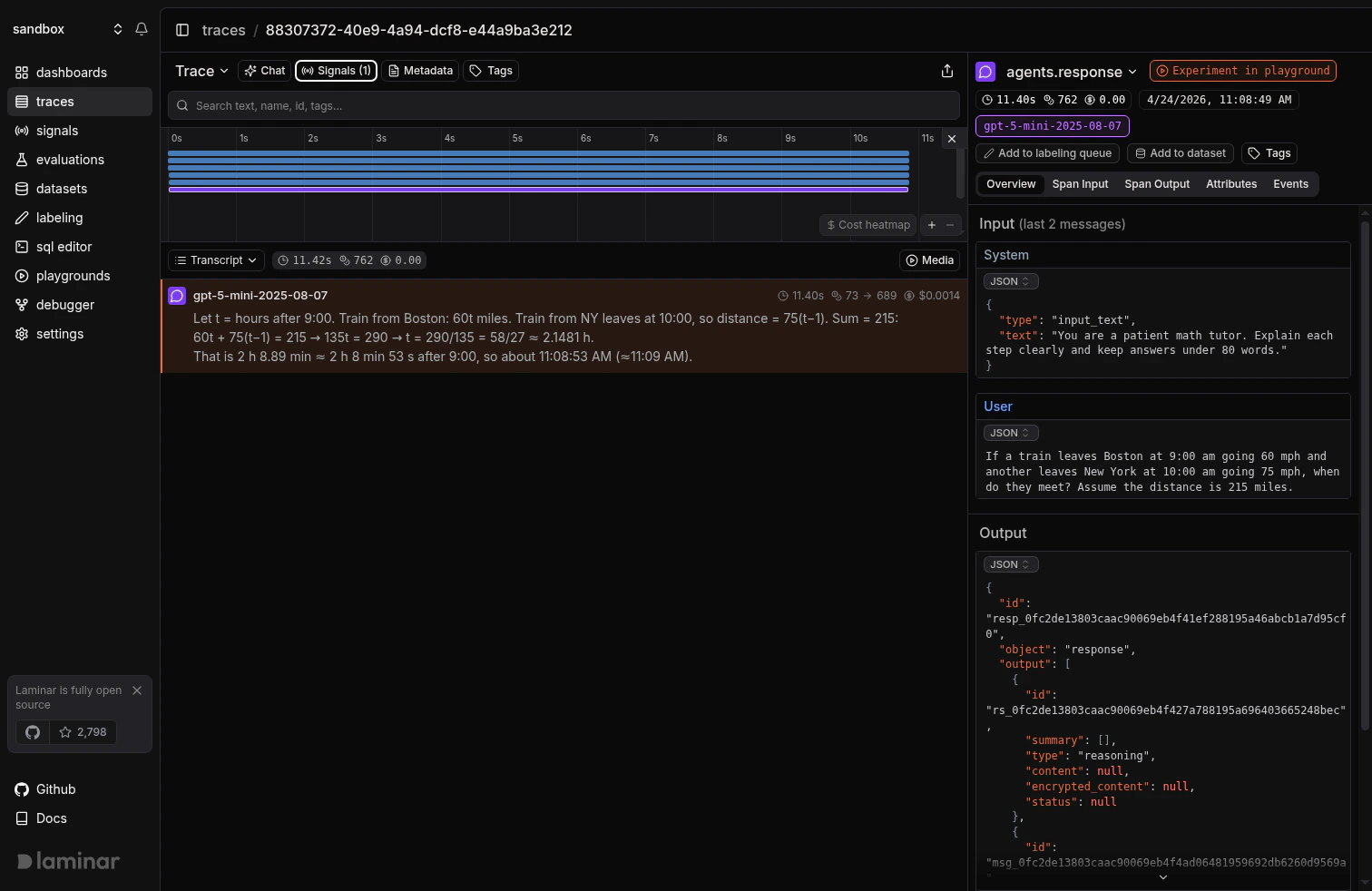 OpenAI Agents SDK trace in Laminar, transcript view