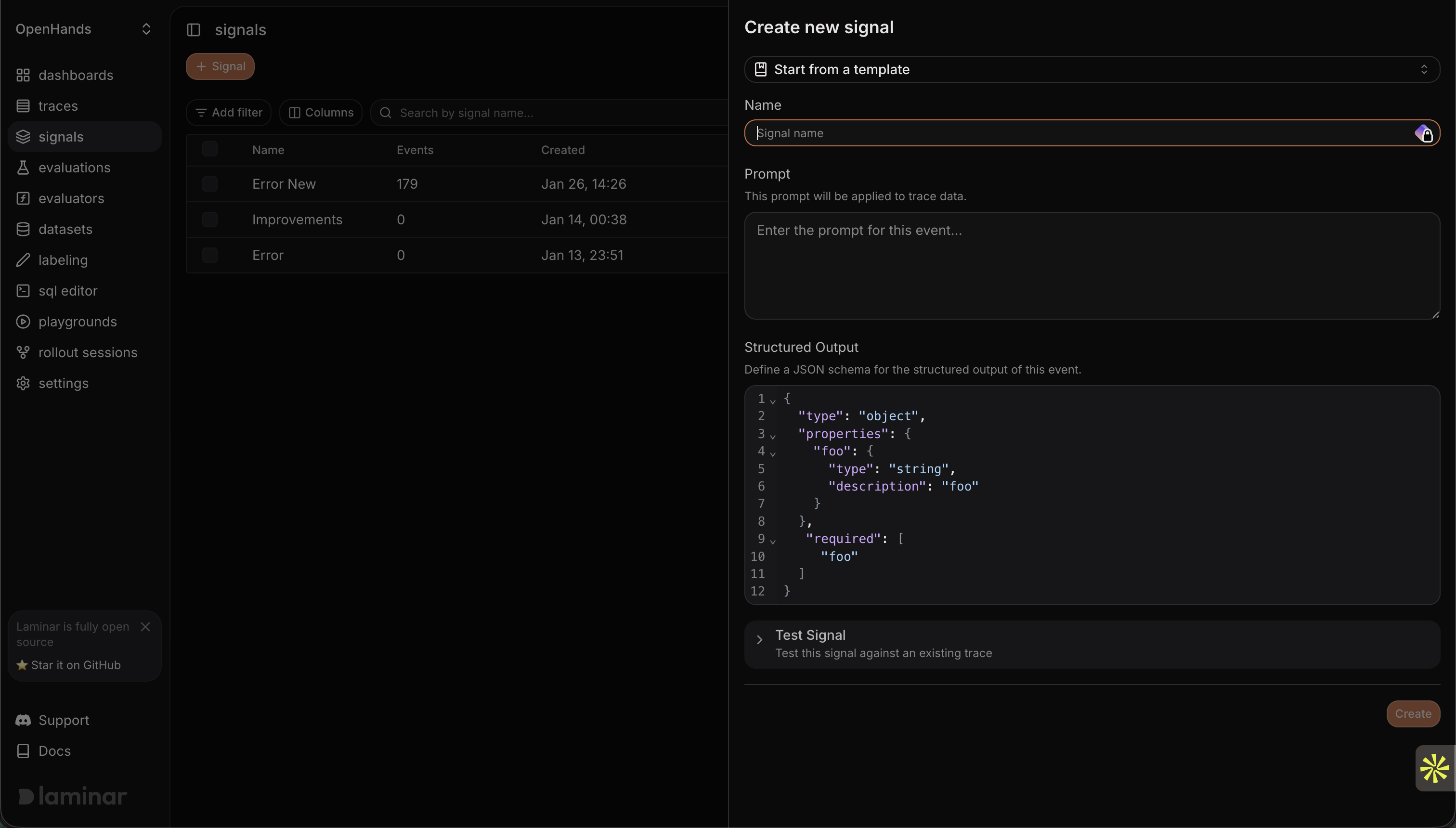 Create new signal form showing name, prompt, structured output schema, and test trace