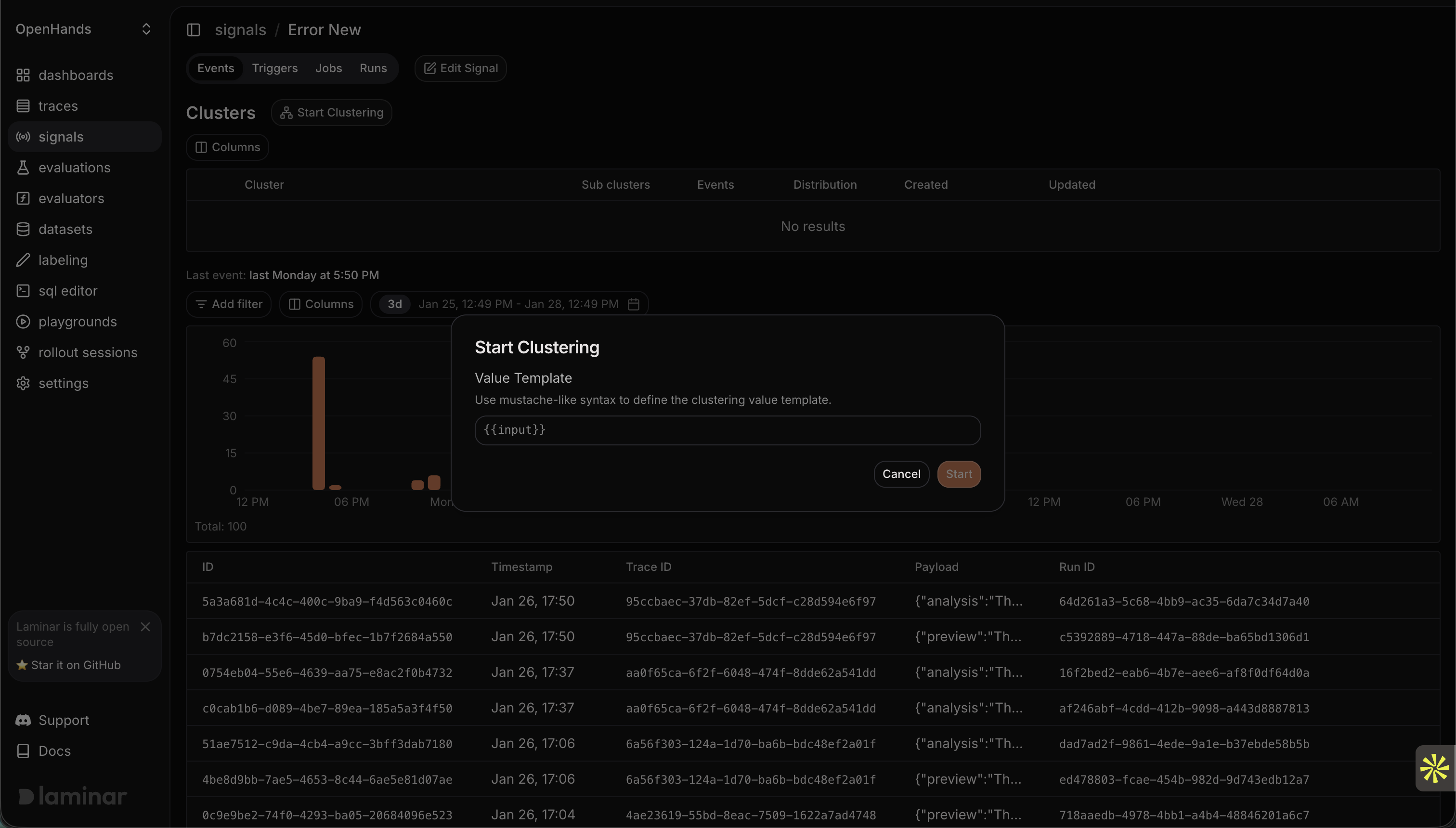 Start Clustering dialog with value template input for a signal