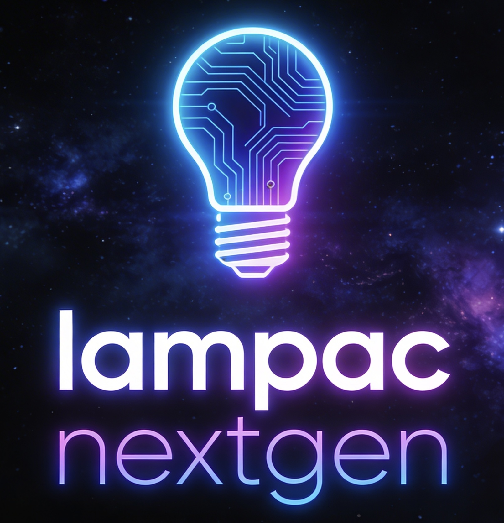 Логотип Lampac NextGen: неоновая лампа с печатной платой на космическом фоне