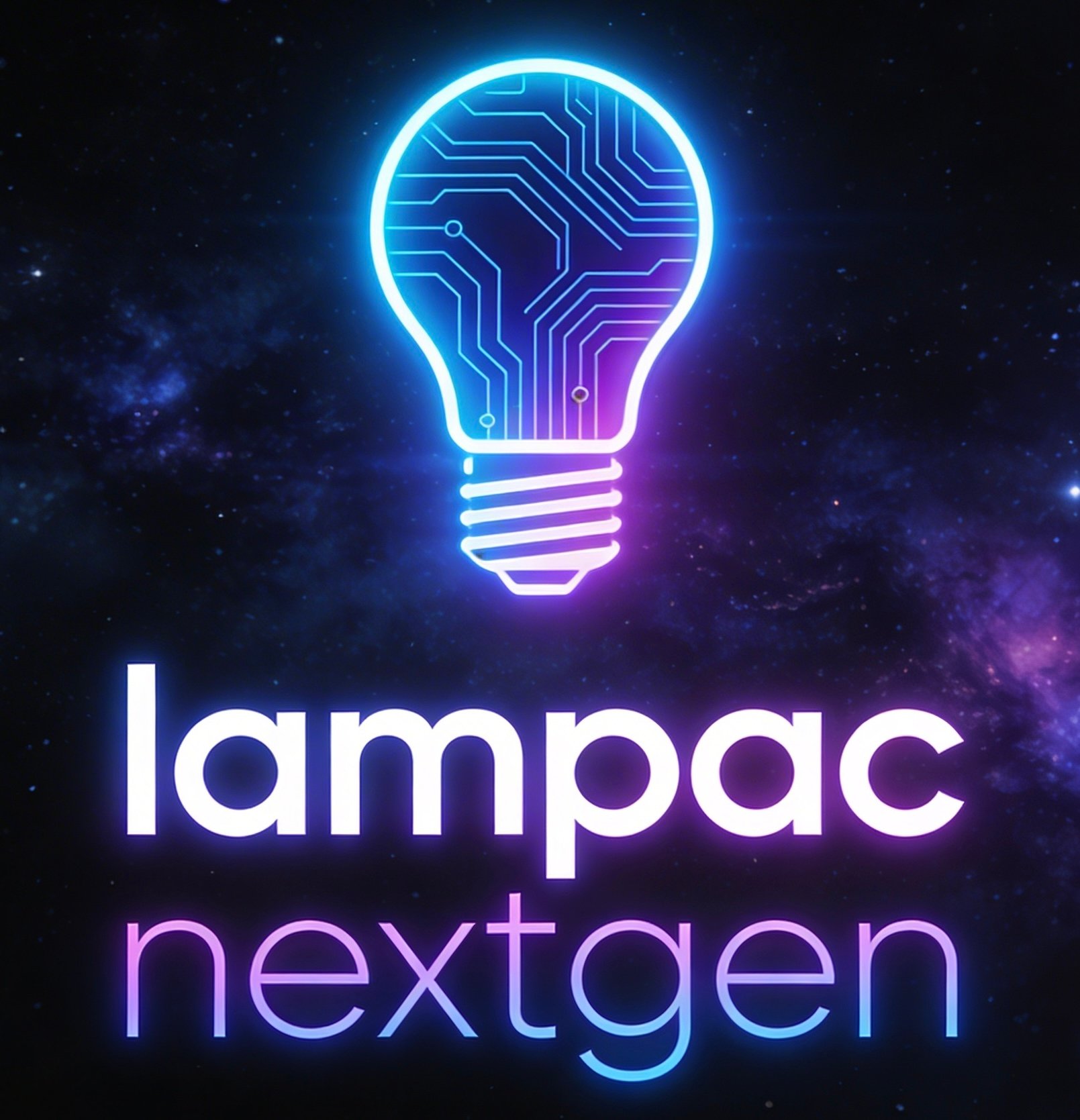 Логотип Lampac NextGen: неоновая лампа с печатной платой на космическом фоне